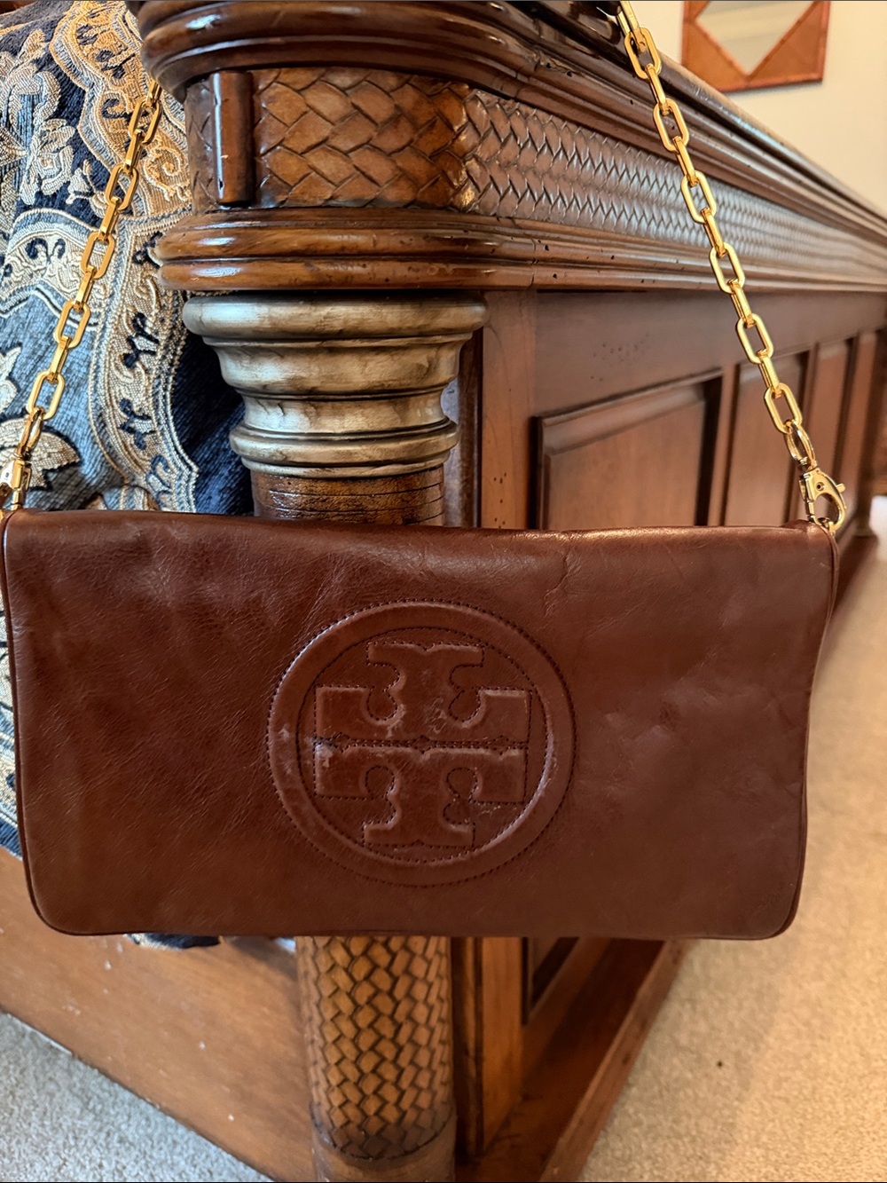 Tory Burch Dark Brown Leather Logo Shoulder Clutch - Picture 3 of 4